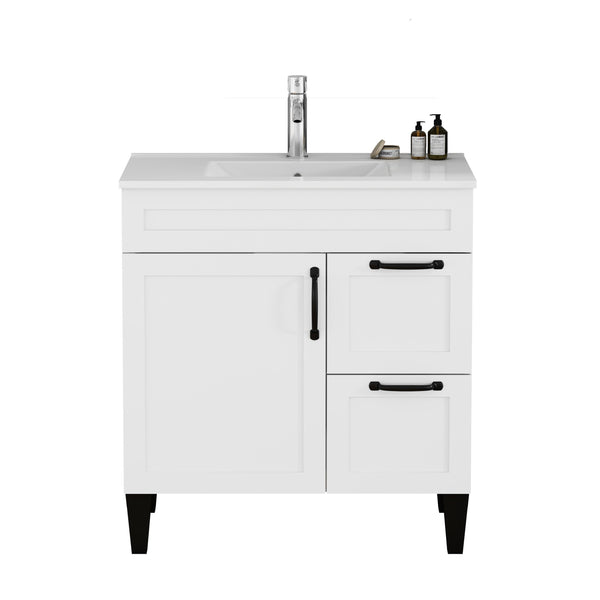 English Elm 31.5-inch Modern Bathroom Vanity with Integrated Ceramic Basin, Soft-Close Drawers, Black Accents White 35.04 L x 22.05 W x 7.68 H W3151S00061