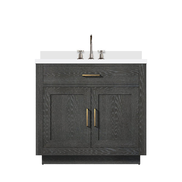 English Elm Black Oak Single Bath Vanity With Cultured Marble Top & Complete Faucet Set - Elegant 36" Design B2731P260818