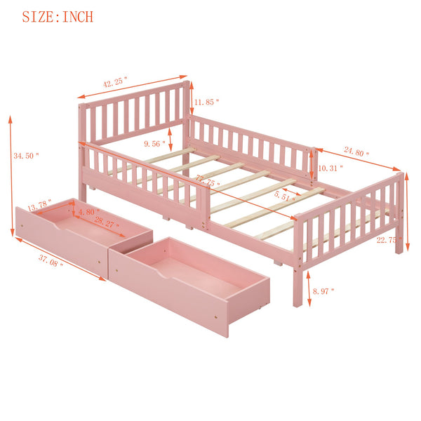 English Elm Twin Pinewood Platform Bed with Headboard, Guardrails & Two Underbed Drawers for Storage Pink 70.6 L x 17.1 W x 5.9 H N733P172696H