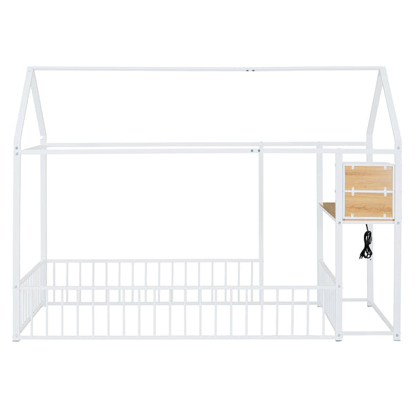 English Elm Twin House Bed Frame with Roof & Fence, Metal Twin Loft with Built-In Desk Shelves USB Outlets White N737P173490K