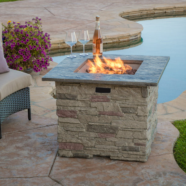 English Elm Christopher Knight Home® - 32'' Stone 32'' STONE SQUARE MGO FIRE PIT W/ GREY TOP 40,000 BTU — Lightweight Concrete, Tank Storage, No Assembly 57565.00GRY-40K