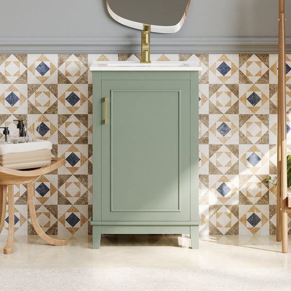 English Elm 20 Inch Modern Small Bathroom Vanity Cabinet With Ceramic Basin, Space-Saving Storage & Soft-Close Door Green N729P170386F