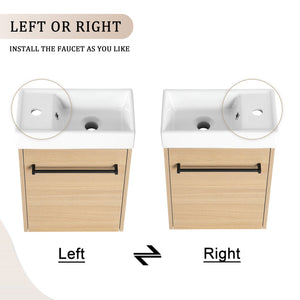 English Elm 16'' Floating Wall-Mounted Bathroom Vanity with Ceramic Basin, Soft-Close Door, Water-Resist Finish Light Oak W999P236336