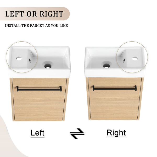 English Elm 16'' Floating Wall-Mounted Bathroom Vanity with Ceramic Basin, Soft-Close Door, Water-Resist Finish Light Oak W999P236336
