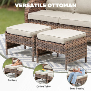 English Elm Outdoor Handwoven Pe Wicker Ottoman Set Rust Resistant Patio Footrests with Cushions Beige T3773P417376