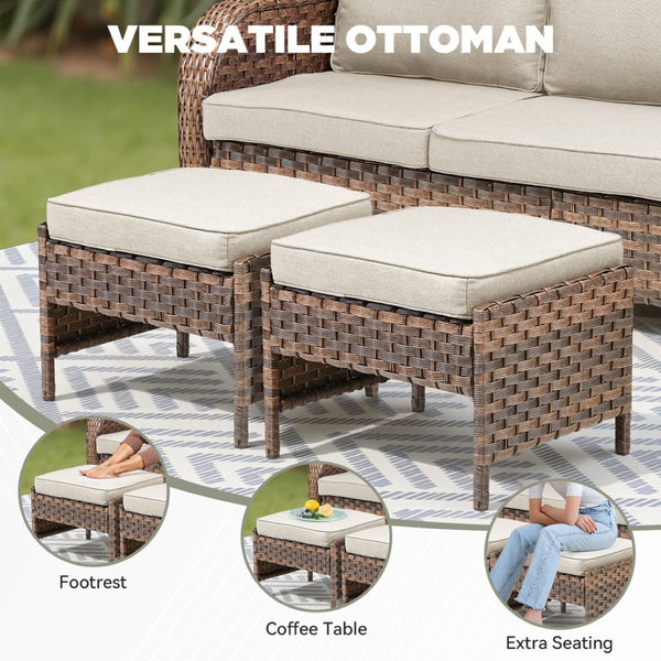 English Elm Outdoor Handwoven Pe Wicker Ottoman Set Rust Resistant Patio Footrests with Cushions Beige T3773P417376