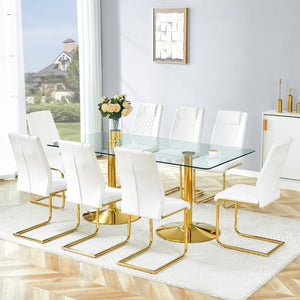 English Elm Table and Chair Set 8 Seater Tempered Glass Top with Pu Leather Dining Room Furniture Gold,Transparent,White W1151S04565