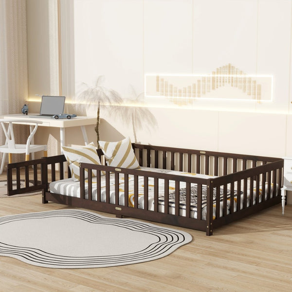 English Elm Full Size Rubberwood Floor Bed with Safety Guardrails and Latching Door for Toddlers Espresso W504P429302