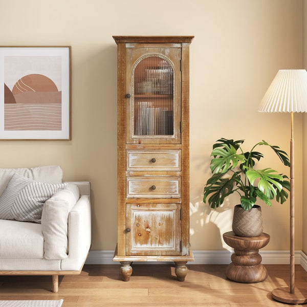 English Elm Farmhouse Freestanding Linen Cabinet Reeded Glass Arched Door Distressed Wood Storage Ancient White W2295P462956