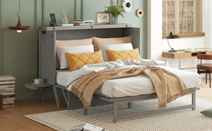 English Elm Queen Murphy Cabinet Bed Solid Pine Build with Usb Charging and Fold Out Desktop Grey W504S00167