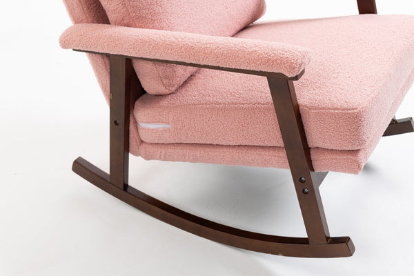 English Elm Mid Century Modern Rocking Chair Solid Wood Frame Upholstered Seat with Lumbar Cushion Light Pink W2530P419008