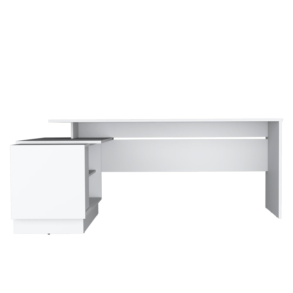 English Elm L-Shaped Desk Farrell White with 65" Work Surface, Integrated Cabinet & Open Shelves for Storage and Comfort B092S00266
