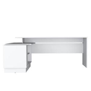 English Elm L-Shaped Desk Farrell White with 65" Work Surface, Integrated Cabinet & Open Shelves for Storage and Comfort B092S00266