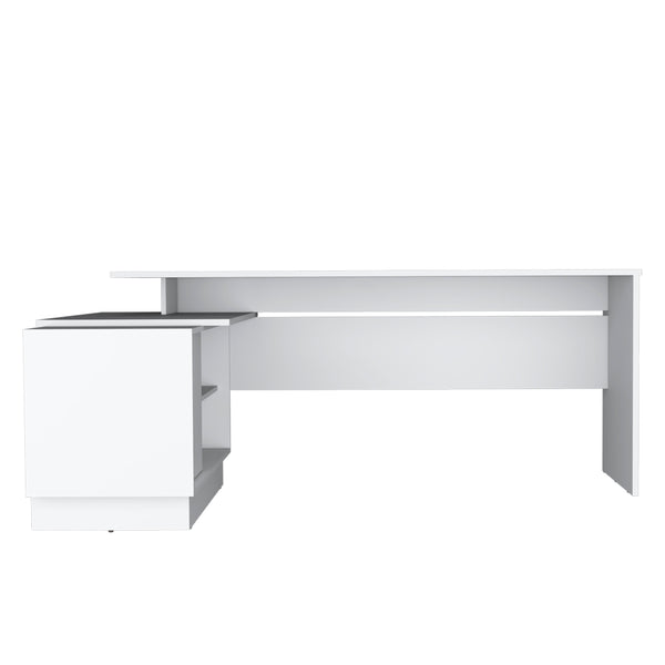 English Elm L-Shaped Desk Farrell White with 65" Work Surface, Integrated Cabinet & Open Shelves for Storage and Comfort B092S00266