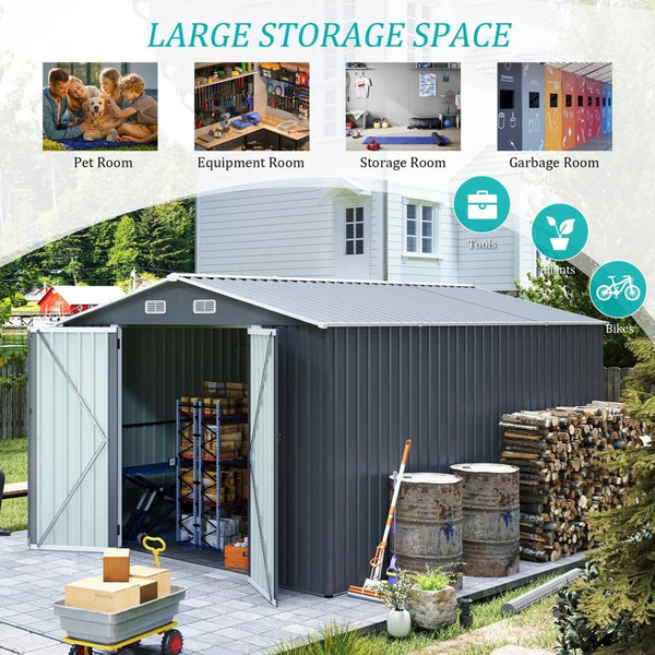 English Elm Campcraft Metal Storage Shed 10x14 Ft with Lockable Doors Vented Sloped Roof Backyard W1598S00035