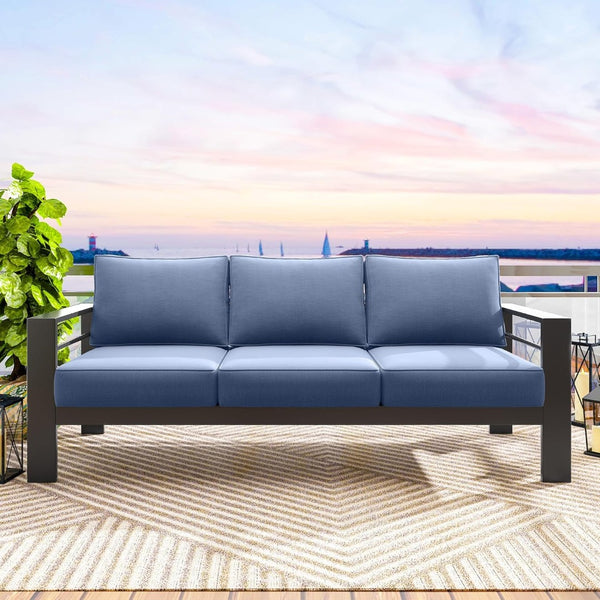 English Elm 73" Cast Aluminum Outdoor Sofa Rust-proof Powder-coated Frame with Resort-style Cushions Black+Blue B082P454972