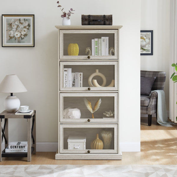 English Elm 4 Tier Glass Display Cabinet with Flip-Up Tempered Doors Elegant Aluminum Curio for Collectibles White W1758P294627