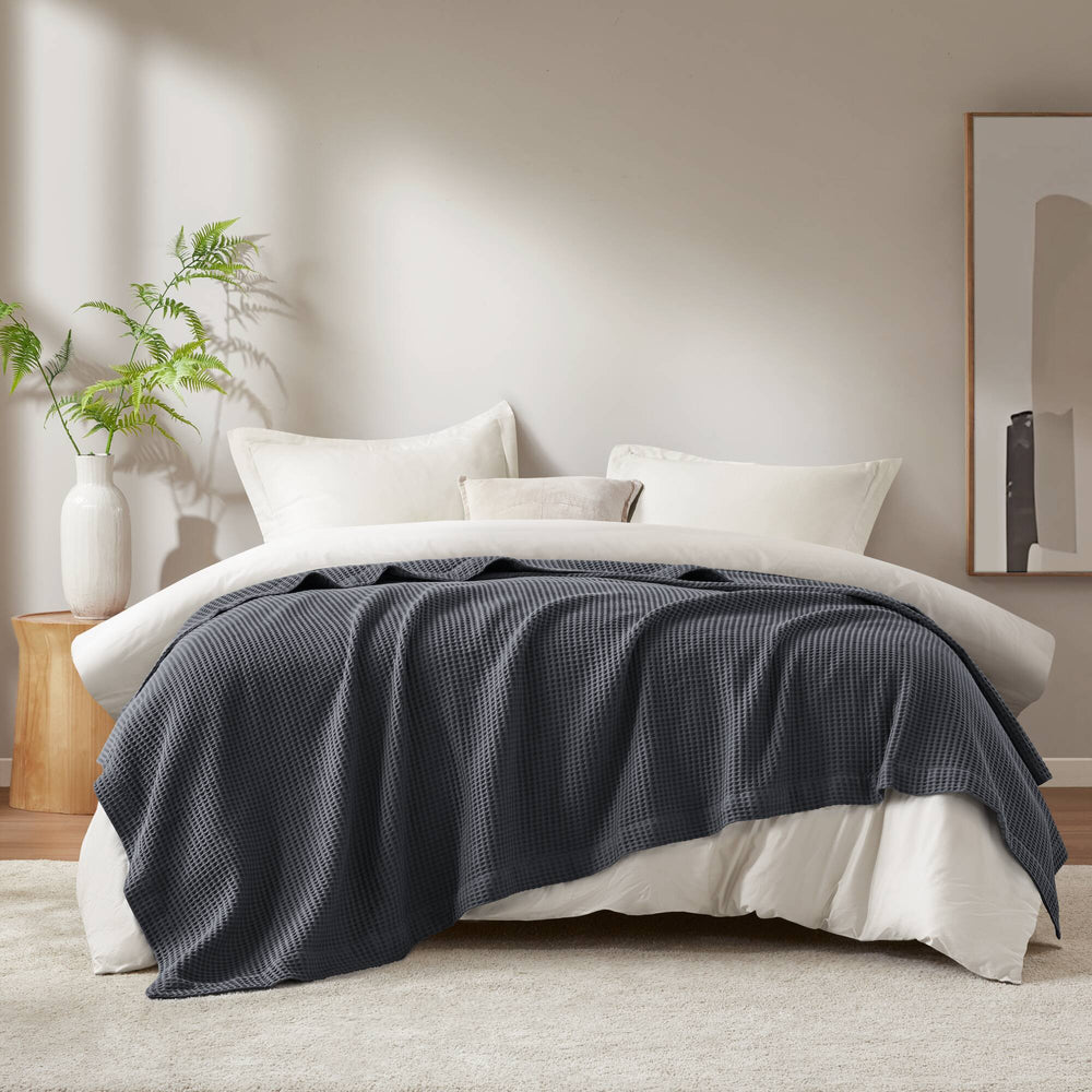 JLA Home Madison Park - Cotton Waffle Weave Blanket — Ultra-Soft 100% Breathable Cotton, Lightweight Year-Round Comfort, OEKO-TEX Certified Dark Grey BR51N-5005