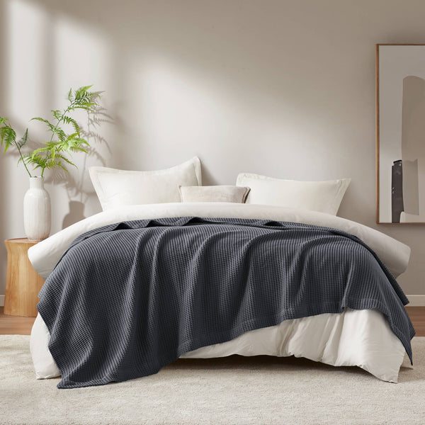 JLA Home Madison Park - Cotton waffle weave blanket — ultra-soft, breathable, OEKO-TEX certified for lightweight year-round comfort Dark Grey BR51N-5004