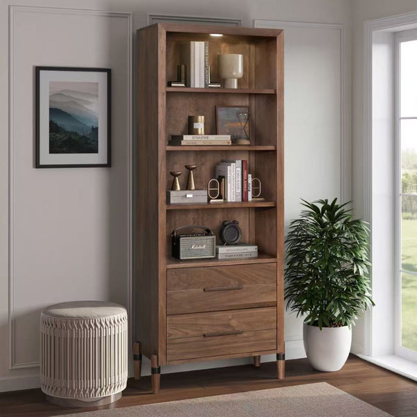 English Elm Tranquility Mid-century Bookcase Pier with Led Shelves Walnut Veneer and Drawer Storage B108P411440
