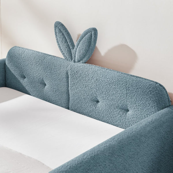 English Elm Full Size Boucle Platform Bed Whimsical Rabbit Ear Headboard with Safety Rail Sky Blue W1413S00137