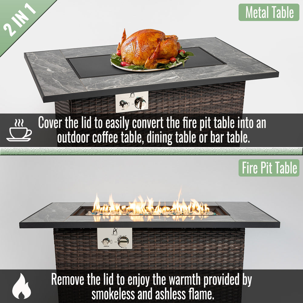 English Elm 44" 44" Propane Fire Pit Table 50000 BTU Rectangular Ceramic Tile Top Wicker Base Glass Rocks Windshield W85343036