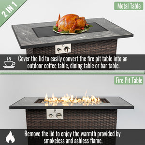 English Elm 44" 44" Propane Fire Pit Table 50000 BTU Rectangular Ceramic Tile Top Wicker Base Glass Rocks Windshield W85343036