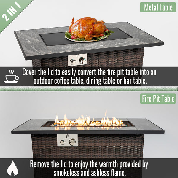 English Elm 44" 44" Propane Fire Pit Table 50000 BTU Rectangular Ceramic Tile Top Wicker Base Glass Rocks Windshield W85343036