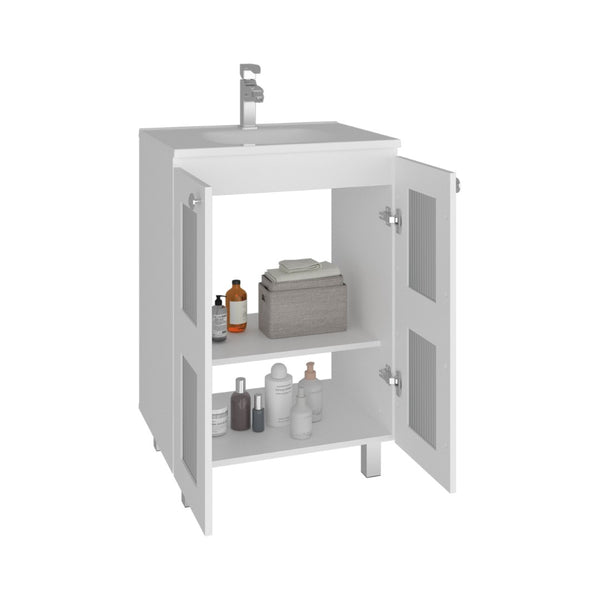 English Elm Haysi Frosted Glass Bathroom Vanity with Resin Sink and Shelved Storage Cabinet B070S00416