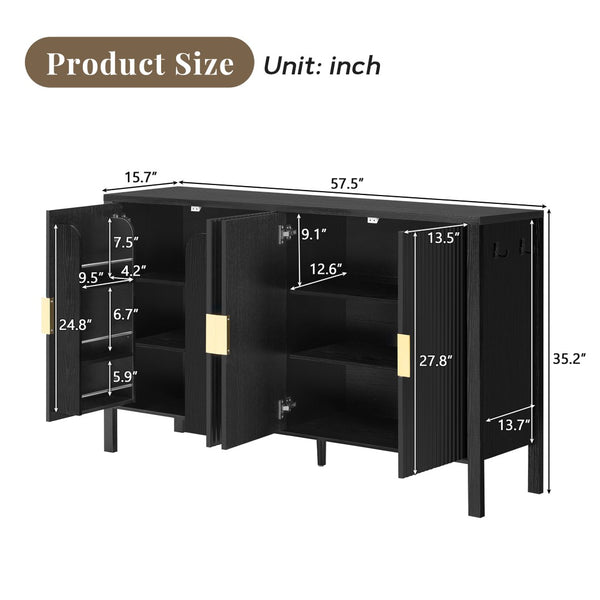 English Elm U_style Striped Four Door Sideboard Mdf Buffet Cabinet with Adjustable Shelves for Dining Black N711P345170B
