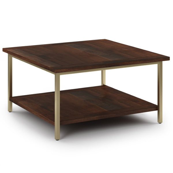 English Elm Skyler Square Coffee Table - Handcrafted Dark Brown Mango Wood With Gold Metal Frame & Shelf B136P159613-GIGA