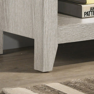 English Elm Tropea 58 Inch Open Shelf Media Console with Oak Finish and Cord Management Light Gray B2749P413245