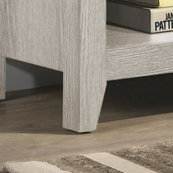 English Elm Tropea 58 Inch Open Shelf Media Console with Oak Finish and Cord Management Light Gray B2749P413245