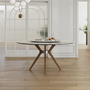 English Elm 59-Inch Modern Sintered Stone Dining Table With Turntable, Seats 6-8, Stylish Walnut Base Design W509S00133