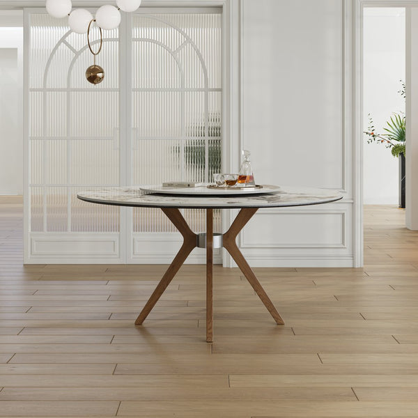 English Elm 59-Inch Modern Sintered Stone Dining Table With Turntable, Seats 6-8, Stylish Walnut Base Design W509S00133