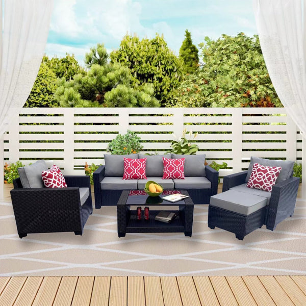 English Elm Outdoor 7-Piece Pe Rattan Patio Furniture Set With Cushions & Coffee Table For Stylish Relaxation W213S00046-GIGA