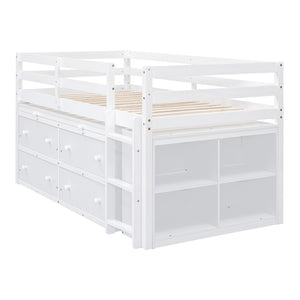 English Elm Twin Loft Bed Pinewood Frame Four Drawers Retractable Study Desk Kids Bedroom White LT000368AAK