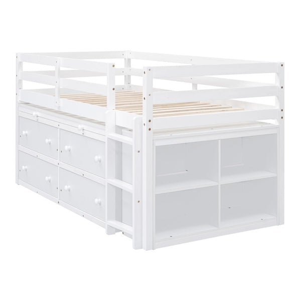 English Elm Twin Loft Bed Pinewood Frame Four Drawers Retractable Study Desk Kids Bedroom White LT000368AAK