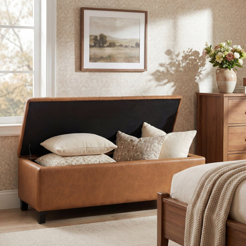 English Elm Ottoman Storage Bench Boucle Tufted Upholstered with Rubberwood Legs Bedroom Entryway N779P369512B