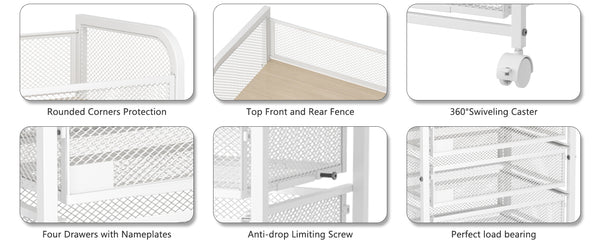 English Elm Makeup Organizer 4-Drawer Rolling Cart with Dividers & Brakes, 360° Wheels, Durable MDF Steel White T3210P392612