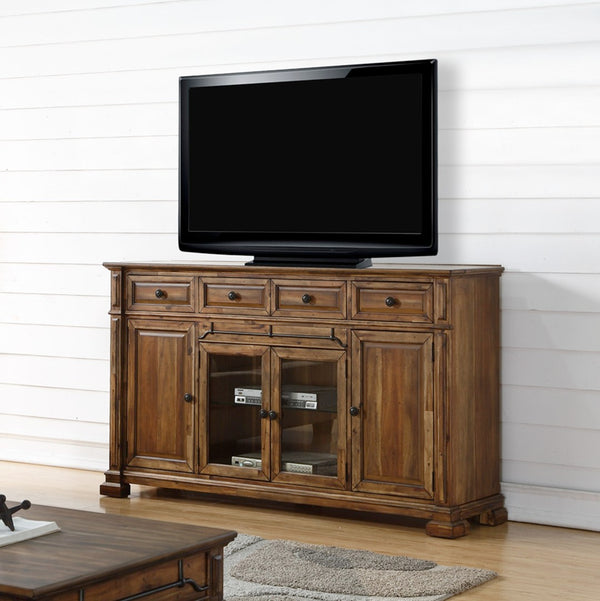 English Elm Barclay Acacia Wood Media Console Fully Assembled Rustic Storage with Glass Doors B108P481224