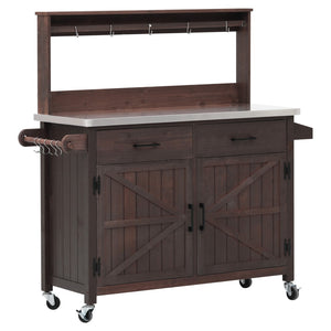 English Elm K&k Solid Fir Grill Cart Stainless Steel Top Outdoor Kitchen Station with Locking Wheels Brown N707P409087Z