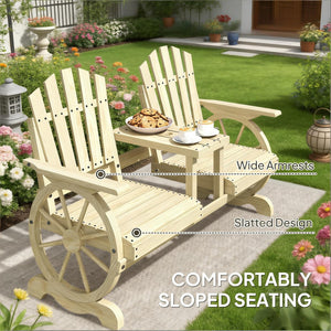 English Elm Stable Outdoor Fir Wood Bench with Wagon Wheel Legs and Built in Center Table T3971P446216