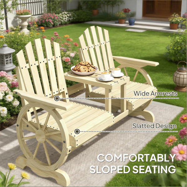 English Elm Stable Outdoor Fir Wood Bench with Wagon Wheel Legs and Built in Center Table T3971P446216