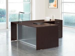 OSP Home Furnishings L-shape Corner Desk with Glass Modesty Panel for Executive and Home Office Use Espresso NAPESP-TYP29G