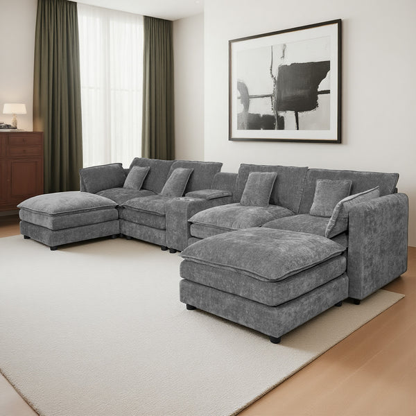 English Elm U Shaped Sectional Cloud Couch for Living Room 144" Plush Modular Sofa with Ottoman Storage Console Cupholders Grey W3276S00012