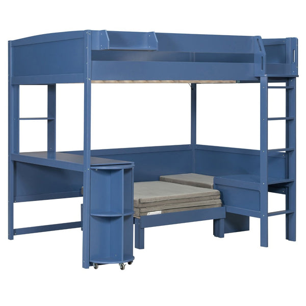 English Elm Full Size Loft Bed with Rotating Desk Led Lighting Sofa and Bookshelf Storage Navy Blue LT000200AAC