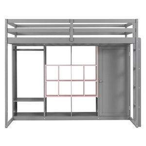 English Elm Twin Loft Bed with Wardrobe Shelves and Cabinet Kids Bedroom Wood Storage Frame Pink+Grey N708S00023E