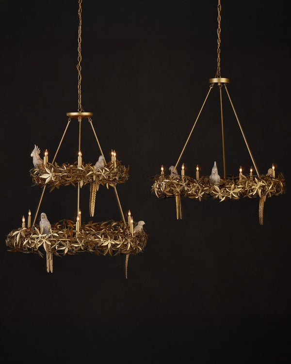 Currey & Company Aviary Gold Ring Chandelier - Elegant Botanical Design With Sculptural Birds And Adjustable Height Gold Wrought Iron ,Composite 9000-1321-currey-company