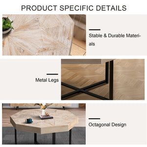English Elm Wood Octagonal Vintage Patchwork Craft Farmhouse 30-Inch Wooden Table Top with Cross Metal Legs, Stylish Living Room Centerpiece Oak Natural Wood + Antique White W1445P193126